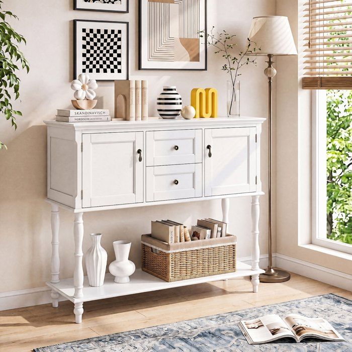 Table console avec 2 tiroirs 2 armoires à portes et étagère de rangement inférieure - Blanc