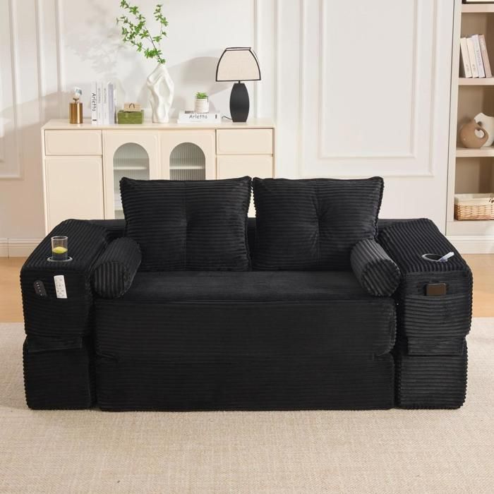 Canapé convertible - KOMHTOM - 2 places - velours côtelé - matelas mémoire de forme - poches - noir