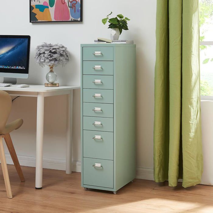 Caisson de bureau 8 tiroirs - roulant acier robuste avec porte-étiquettes - format compact 109 x 28 x 41 cm - finition vert menthe