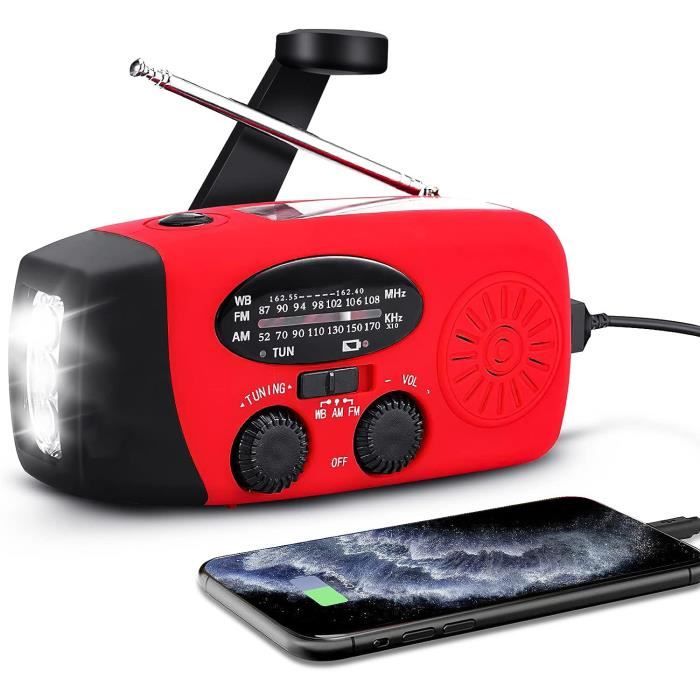 Radio De Survie Portable - Solaire, Manivelle Et USB - 2000 MAh - AM/FM/Météo - LED, Lampe Torche, Chargeur Téléphone - Rouge