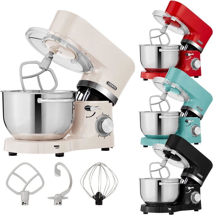 AREBOS Robot Pâtissier Professionnel 1500W  Blanc  Robot de Cuisine Multifonction avec Fouet Batteur Crochet  6 Vitesses