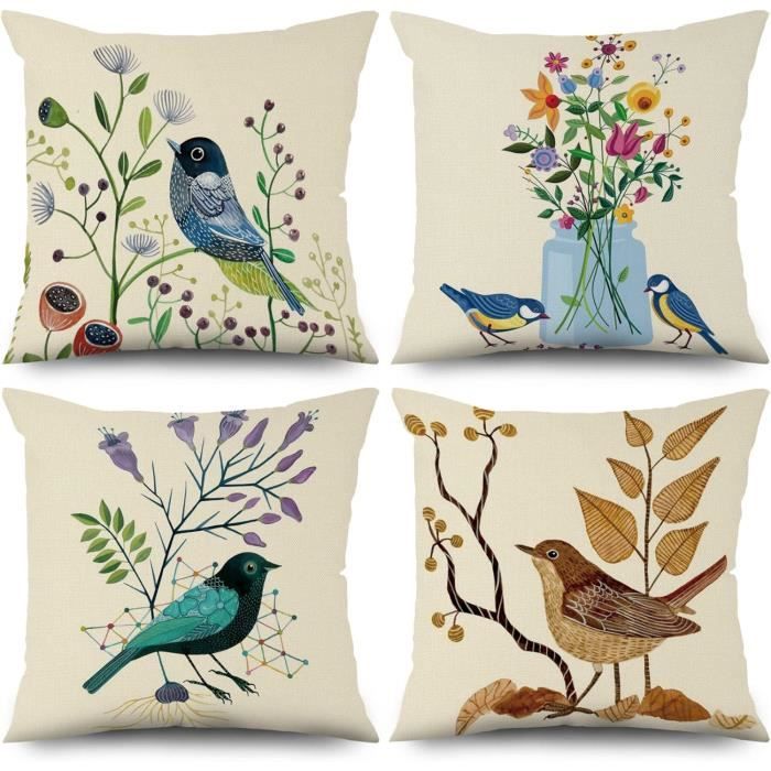 Housse De Coussin Carré Beige Coton – Motif Oiseaux Rouges Bordeaux – Déco Nature