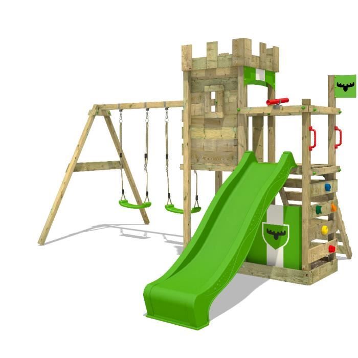 FATMOOSE Aire de jeux Portique bois BoldBaron avec balançoire et toboggan vert pomme Maison enfant extérieure avec bac à sable