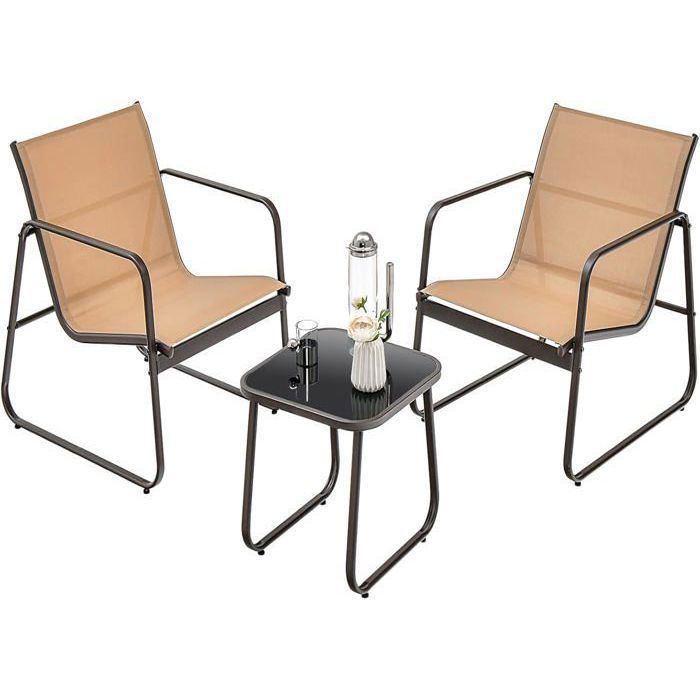 COSTWAYEnsemble 3 PCS Table de Jardin et Chaises - Tissu en Textilène Anti-UV Table Basse en Verre Trampé Cadre en Métal Marron