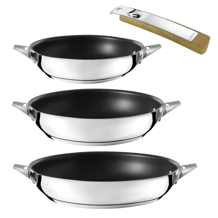 Eclipse - Lot de 3 poêles 20-24-28 cm avec revêtement céramique et poignée amovible bois clair