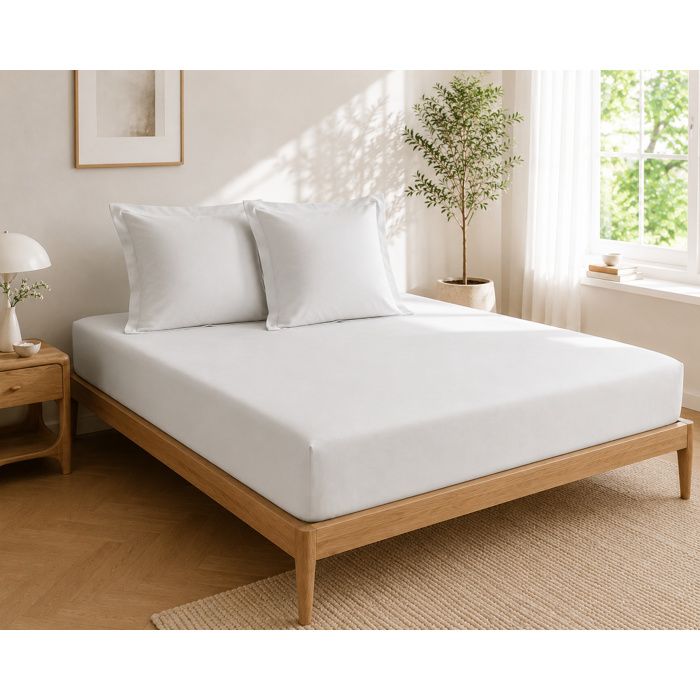 Parure Drap Housse Hôtel 140 x 190 cm + 2 Taies 60 x 60 cm Percale 78 Fils Blanc