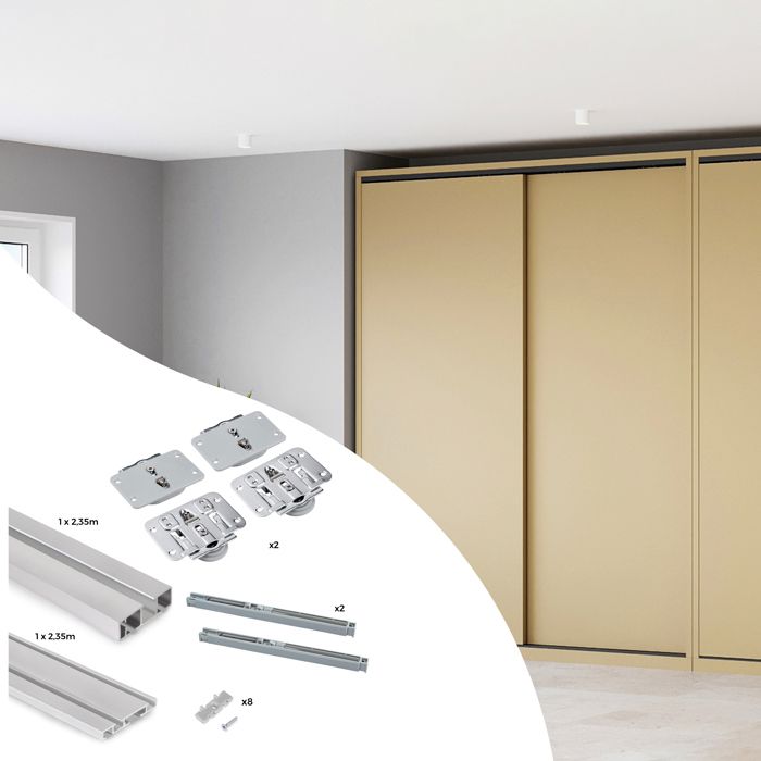 Emuca Kit de 2 portes coulissantes et Flow de ferrures pour armoires à fermeture souple avec rails de surface 2 35m panneaux non Emuca Kit de 2 portes coulissantes et Flow de ferrures pour armoires à fermeture souple avec rails de surface 2 35m panneaux non