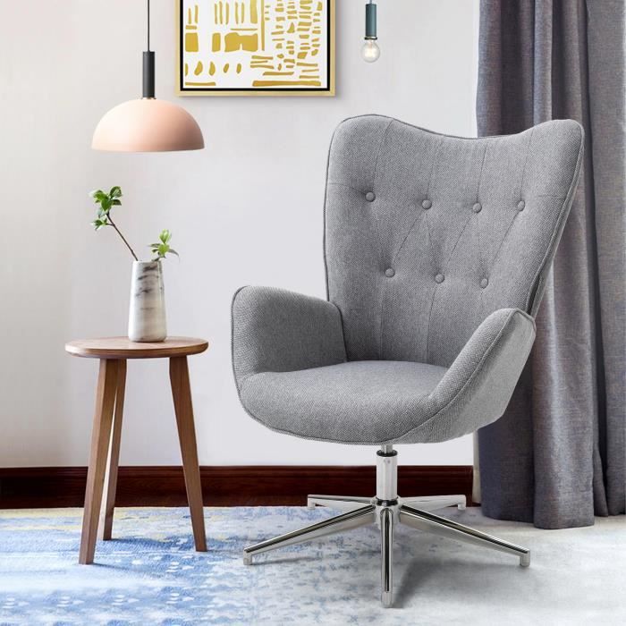 FURNISH1 Fauteuil Salon Rotative Style Scandinave Tissu Gris et Pieds en Metal Chrome 68x87x101cm Cdiscount Maison