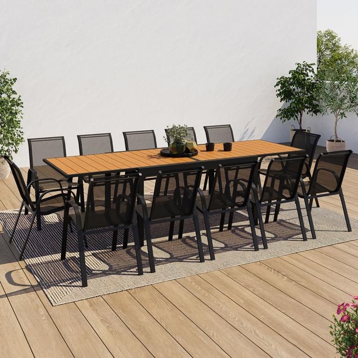 ID MARKET Ensemble table 135-270 cm extensible et 12 chaises chaises POLY bois et noir empilable ID MARKET Ensemble table 135-270 cm extensible et 12 chaises chaises POLY bois et noir empilable