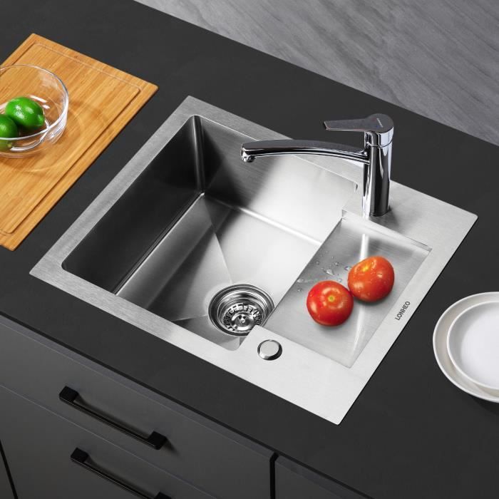 lonheo evier cuisine 1 bac 58x48cm evier brosse en acier inoxydable 304 avec 2 trous de montage evier a fleur de plan pour cuisine cdiscount bricolage