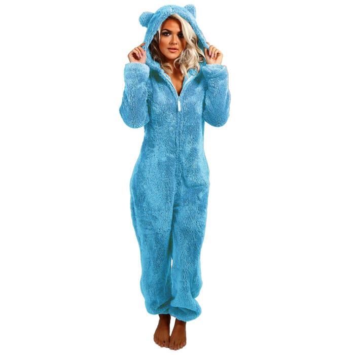 Combinaison Pyjama Femme Hiver Barboteuse Polaire Capuche VeTement En Peluche Nuit Adulte Costume Loungewear Unisexe lac bleu Cdiscount Pret a Porter