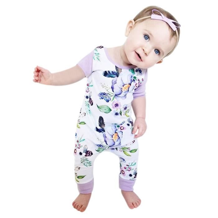 0 24 Mois Combinaison Fleuri Grenouillere Pyjama a Fleur Violet Manches Courtes pour Bebe Fille