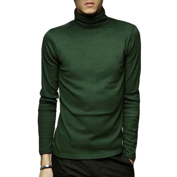 Sweat homme pull homme pull col roule pull chemise pull a manches longues sweat sauvage pull revers sweat couleur unie Vert fonce Cdiscount Pret a Porter