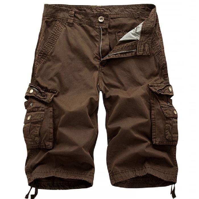 Bermuda Cargo Homme Multi Poches Casual ete Fashion Short Fermeture eclair Marron