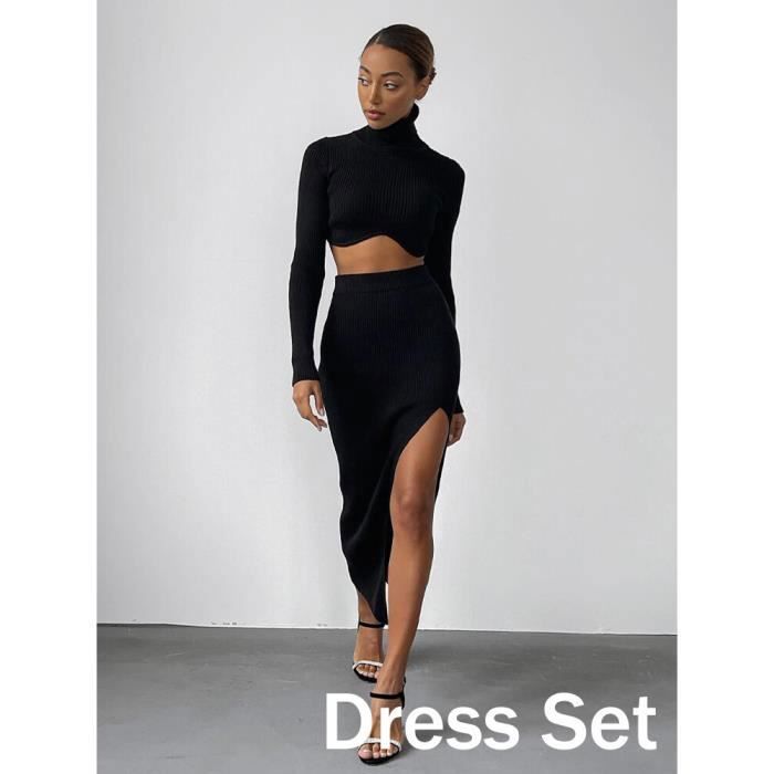 Jupe costume tricot Sexy pour femme pull col roul haut et
