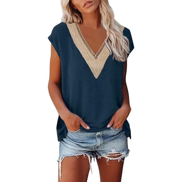 T Shirt Femme Grande Taille Ete Marque Modele Manches Courtes Col V en Dentelle Sable Sable Cdiscount Pret a Porter