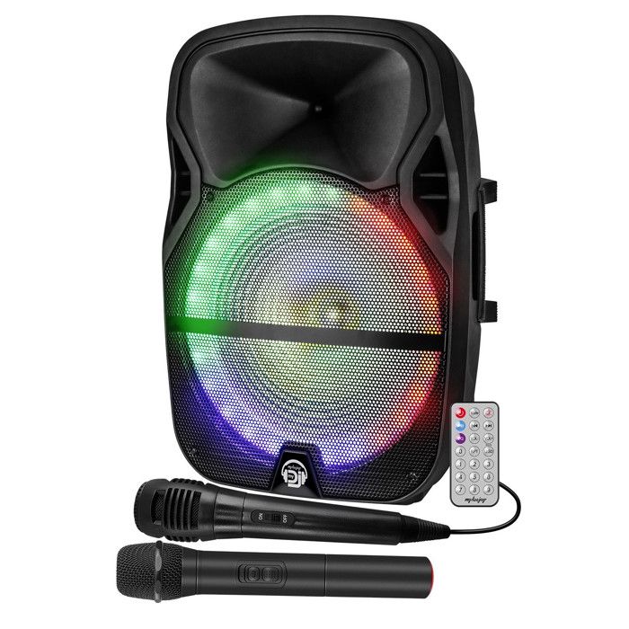 Enceinte sono MyDeejay MDJ15 Ring LED - Reconditionné / occasion RVB 700W 15 USB BT TWS Micros VHF et filaire Télécommande