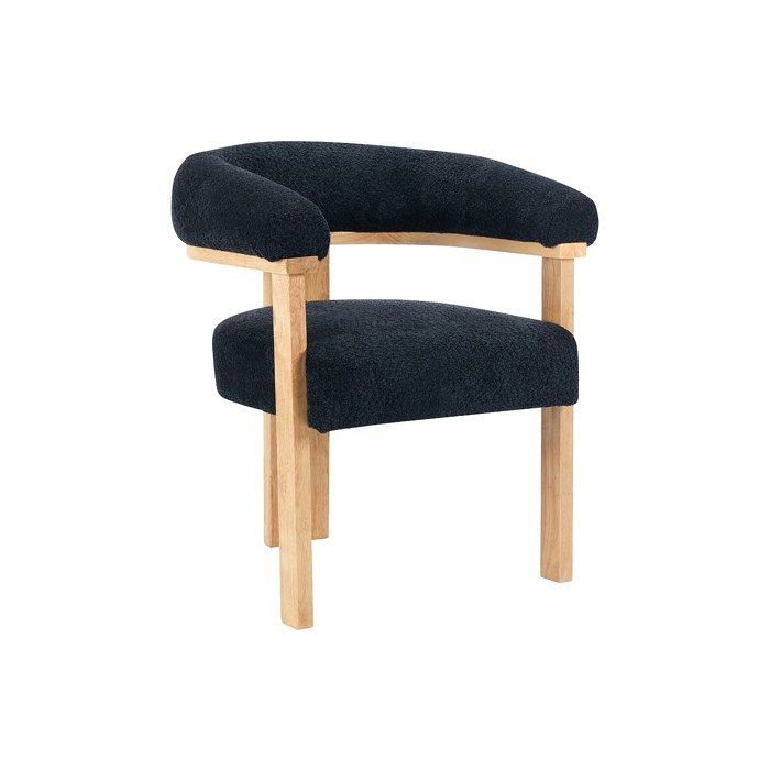 Chaise avec accoudoirs en tissu bouclette et bois dhévéa naturel - Anthracite foncé - LIVELIA