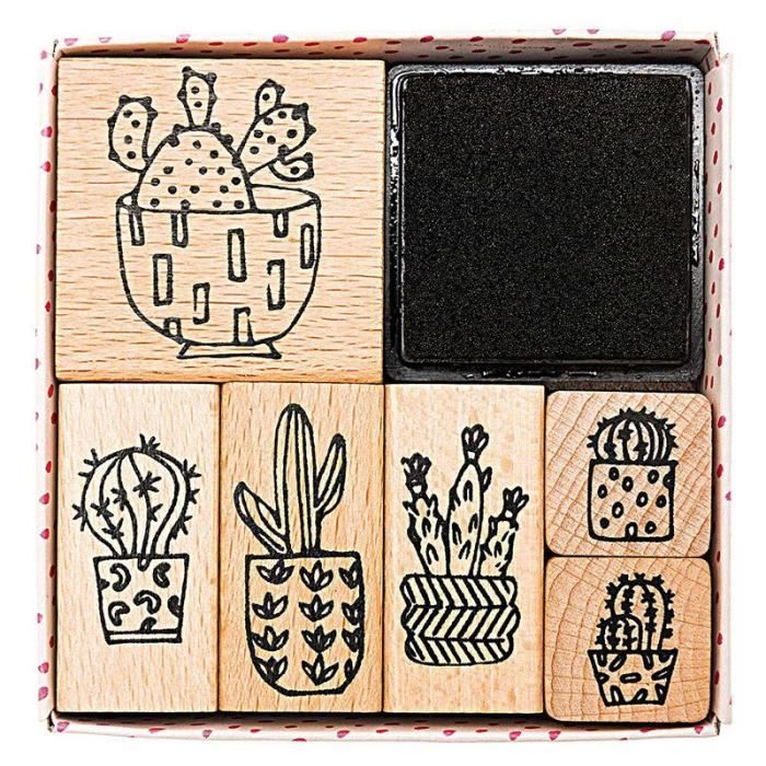 6 tampons en bois avec encreur - cactus