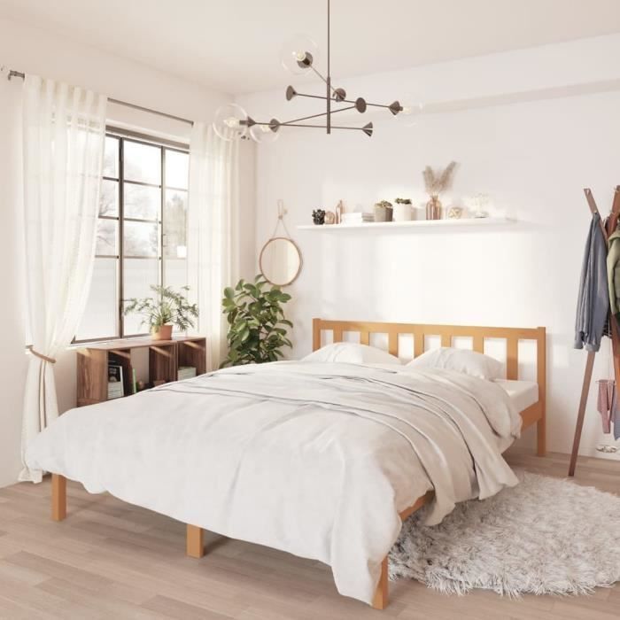 Lit Double 2 Place 160x200 cm Cadre de Lit avec Sommier sans Matelas Bois de Pin massif Robuste et Durable marron miel