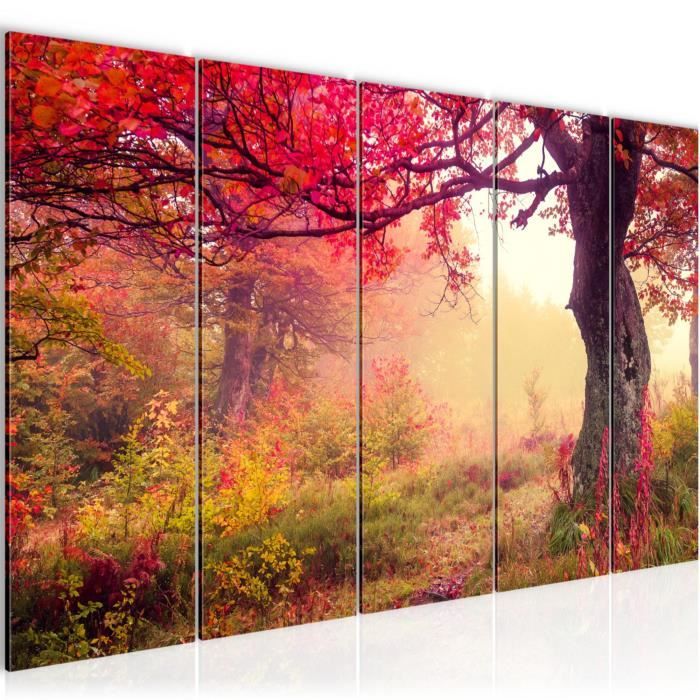 Runa Art Tableau Décoration Murale Automne Forêt 200x80 Cm - 5 Panneaux Deco Toile Prêt à