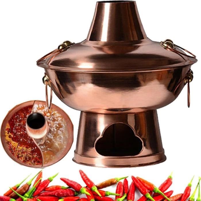 IUokLU Pot Chaud électrique et Charbon de Bois à Double Usage de Style Chinois en Imitation cuivre de Pékin en Acier Inoxydable épaissi réglage de la température à,34 cm