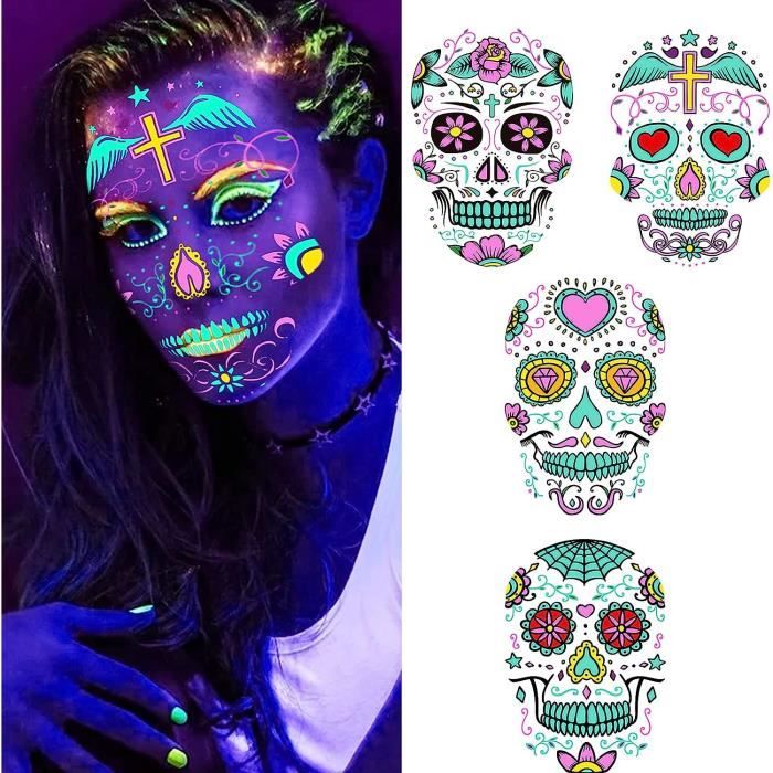 Lumineux Halloween Tatouage Temporaires Pour Femme Adultes, 4 Feuilles