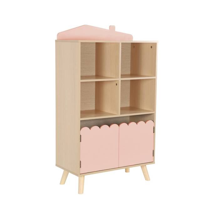Bibliothèque enfant rose 2 portes et 4 étagères