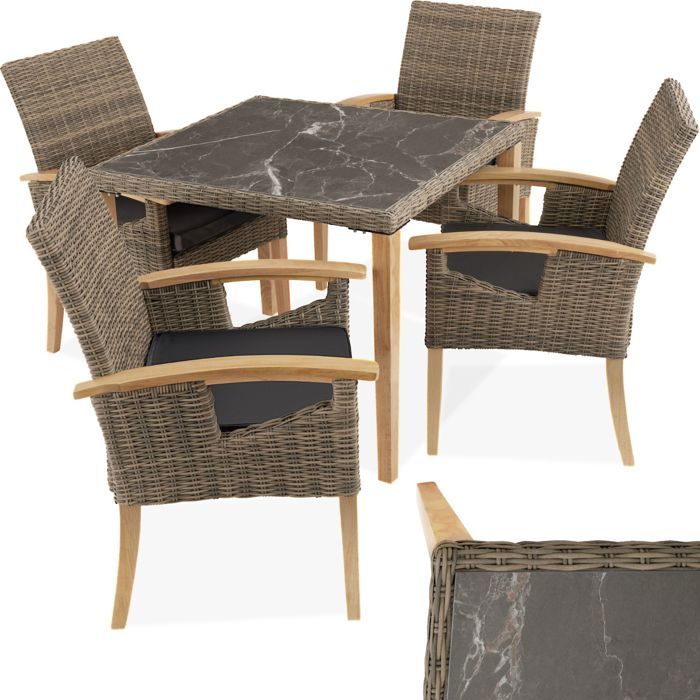TECTAKE Ensemble Table en rotin avec 4 chaises TARENT Résistant aux intempéries et résistant aux UV - Marron Naturel