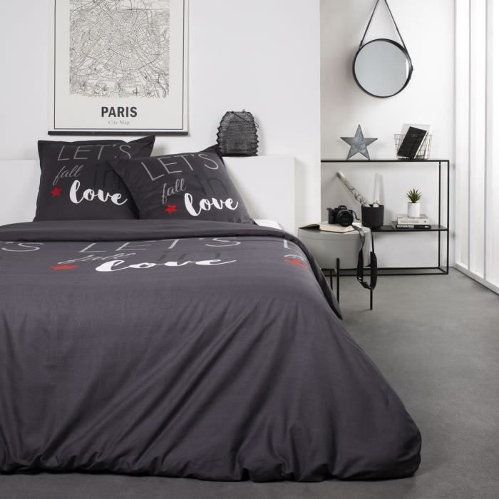 TODAY Parure de lit Coton Love - 2 personnes - 240 x 260 cm - Imprimé Gris