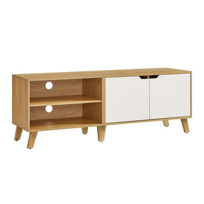 Meuble TV 2 Portes Longueur 140 cm pour Téléviseurs 60 Pouces Salon Salle à Manger Chambre Chêne Naturel et Blanc Crème