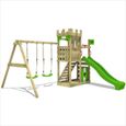 FATMOOSE Aire de jeux Portique bois BoldBaron avec balançoire et toboggan vert pomme Maison enfant extérieure avec bac à sable-1