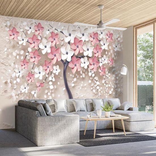 Papier Peint Sculpture De Fleurs Blanches Sur Un Mur : W01433