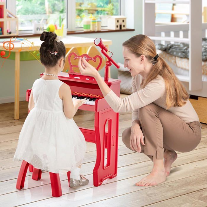 GOPLUS Piano Enfant 37 Touches – Pupitre Et Tabouret Assortis, Microphone Réglable, 15 Volumes, 4 Tons, 22 Démos – Bleu Foncé