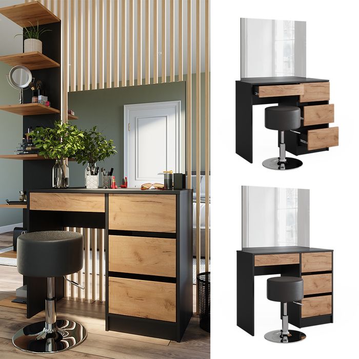 Coiffeuse Sherry, 90x75cm avec miroir LED et tabouret, Anthracite/Chêne de force doré, Vicco