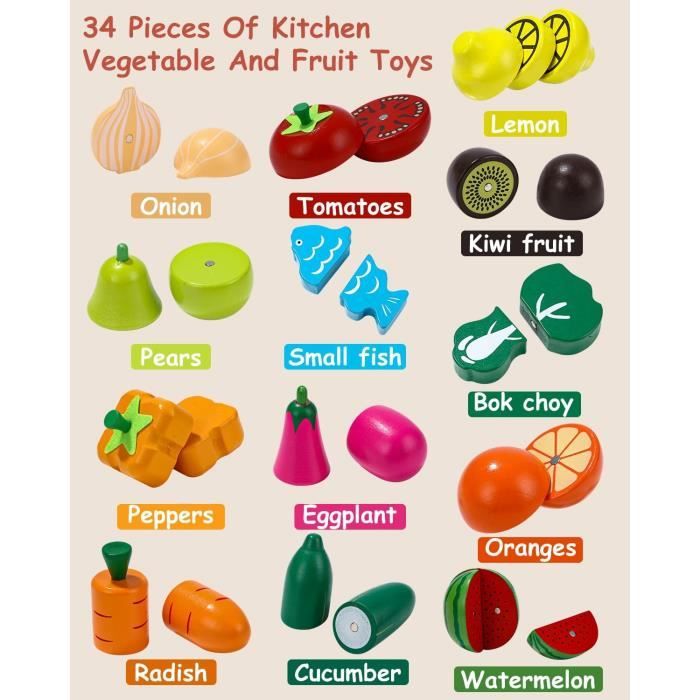 HERSITY Jouet à Découper Légumes Et Fruits En Bois Aliment De Cuisine