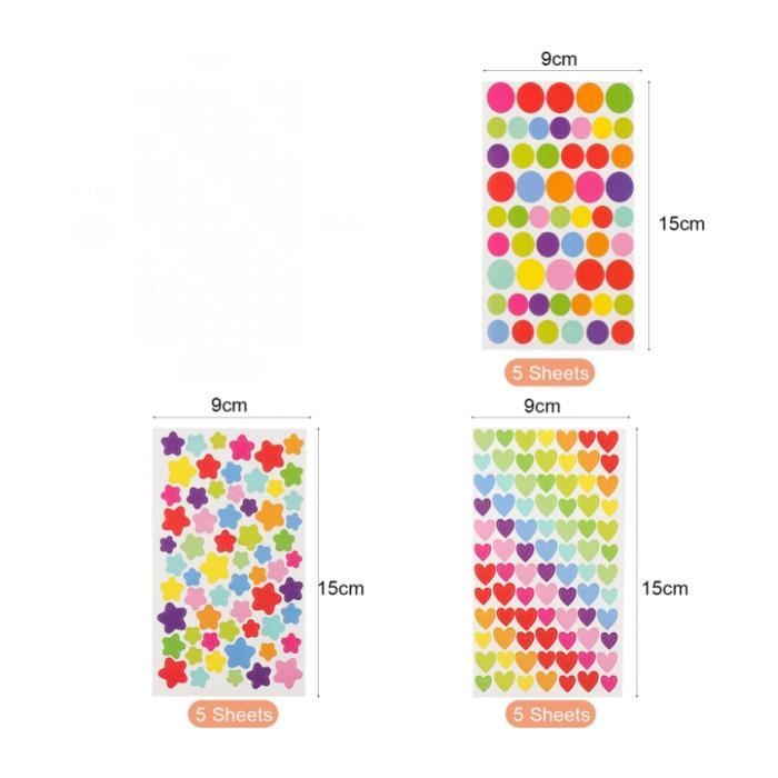 1000 Pièces Gommettes Autocollantes Enfants, 18 Feuilles Kids Stickers  Forme de Coeurs Étoiles Pois Autocollants Colorés pour DIY
