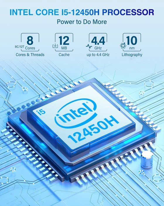 Mini PC Intel Core i5-12450H (jusqu'à 4,40 GHz), 16Go (8Go*2) DDR4