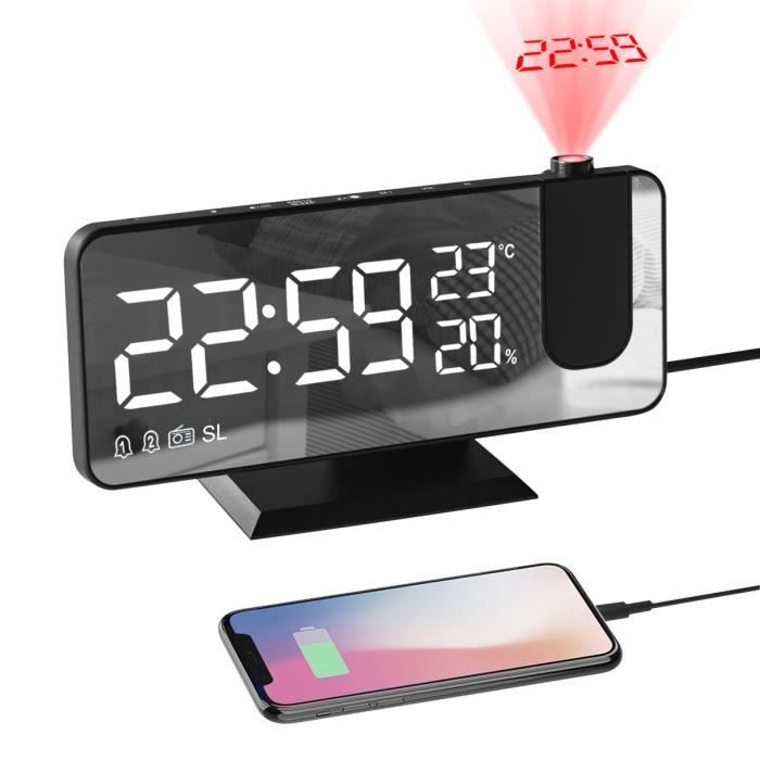 Réveil à Projection LED - Projette L'Heure Sur Plafond/Mur, Avec Thermomètre, Hygromètre, Alarme Snooze & Port USB - 13