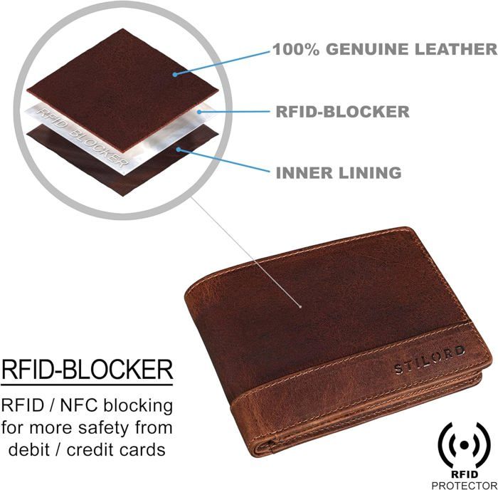 Porte-Monnaie Cuir De Buffle Motard Avec Chaîne Métal Tête De Mort - Blocage RFID NFC Marron