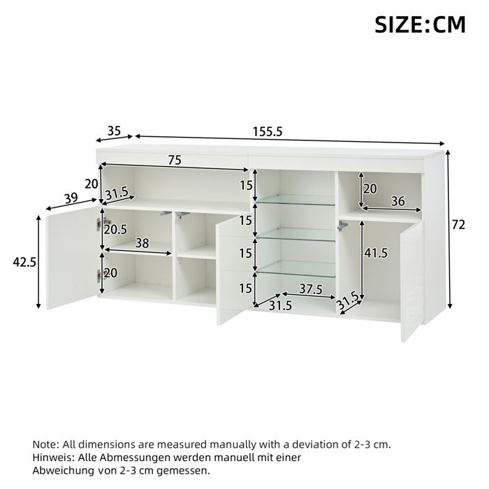 Buffet bas – Bahut blanc brillant avec LED – 3 portes et étagères en ...