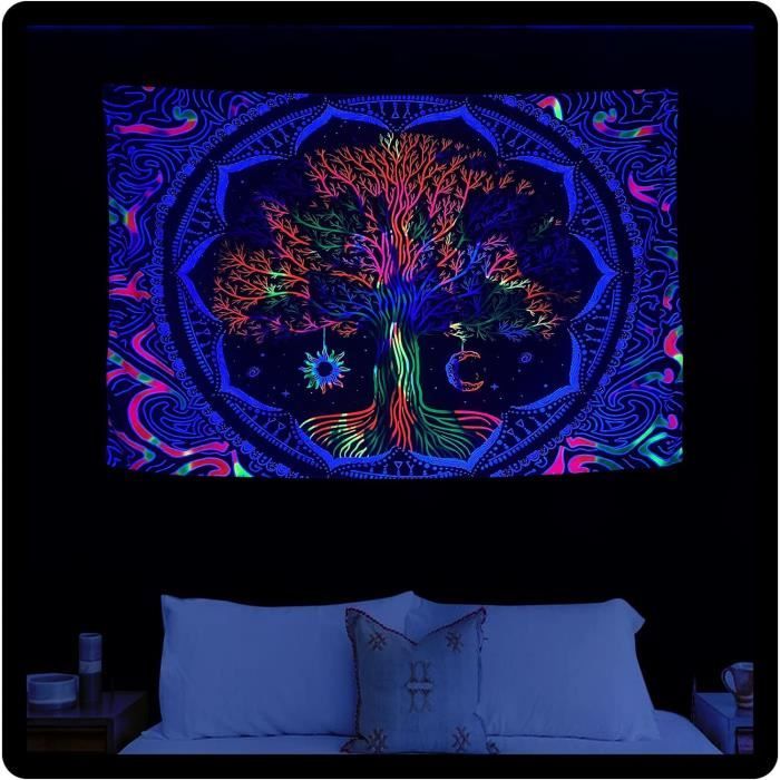 Tenture Muraile UV Fluodorante Quetzalcoatl – Art Psychédélique Tapisserie Lumière Noire