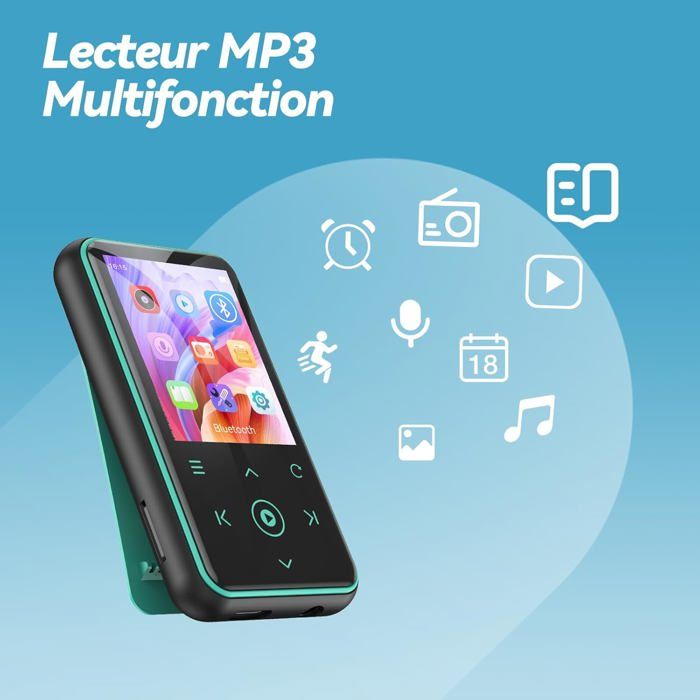 Lecteur MP3 Bluetooth AGPTEK 64Go - Écran 2,4" HD, Haut-parleur, Radio, Podomètre - Carte TF 128Go