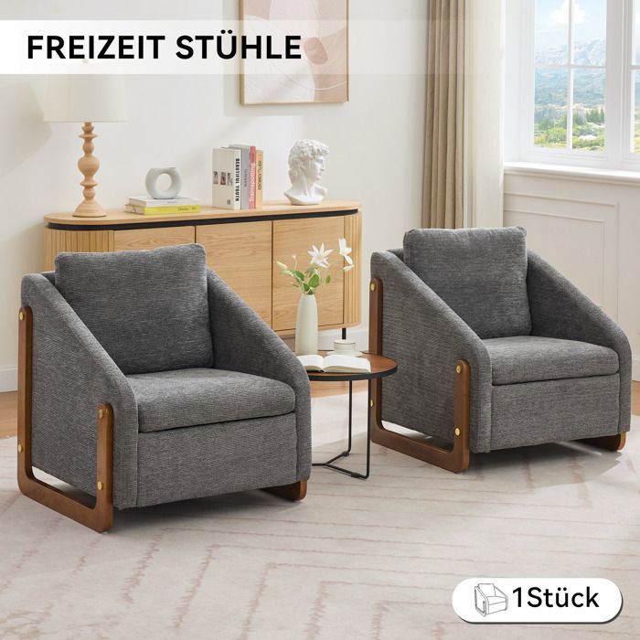 Fauteuil lounge lin et bois 1 pc avec accoudoirs, style relax, gris