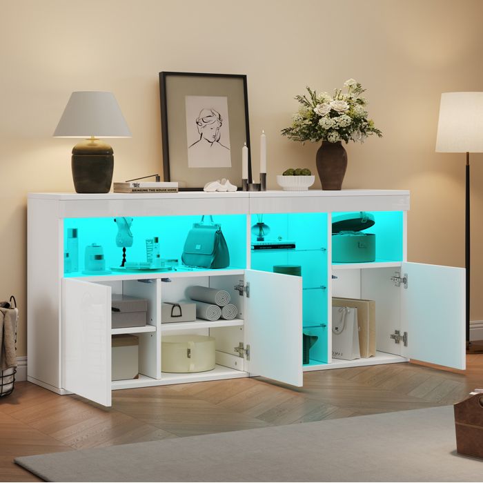 Buffet bas – Bahut blanc brillant avec LED – 3 portes et étagères en ...