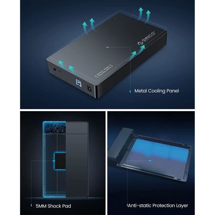 ORICO Boîtier Disque Dur Externe USB 3.0 Pour HDD/SSD SATA 3,5" Ou 2,5" Jusqu'à 20 To - Avec Alimentation 12V