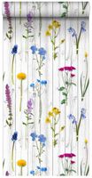 papier peint intissé XXL fleurs des champs sur des planches en bois rétro vintage gris chaud clair, jaune, bleu et rose bonbon -