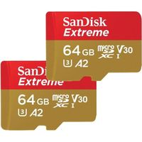 Lot de 2 Carte Mémoire microSDXC SanDisk Extreme 64 Go A2 jusqu'à 170 Mo/s écriture 80Mo/s avec A2 App Performance Classe 10 U3 V30 