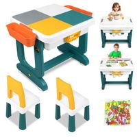 XMTECH 6 en 1 Table de Jeu pour Enfants, Table de Briques de Construction Multifonctionnelle avec 2 chaise et blocs de construction