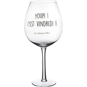 Verre à vin Verre à vin XL Carafe Verre à Pied géant 75cl Youpi C'est vindredi Transparent et noir Verre D12 x H25,5 cm.[G378]